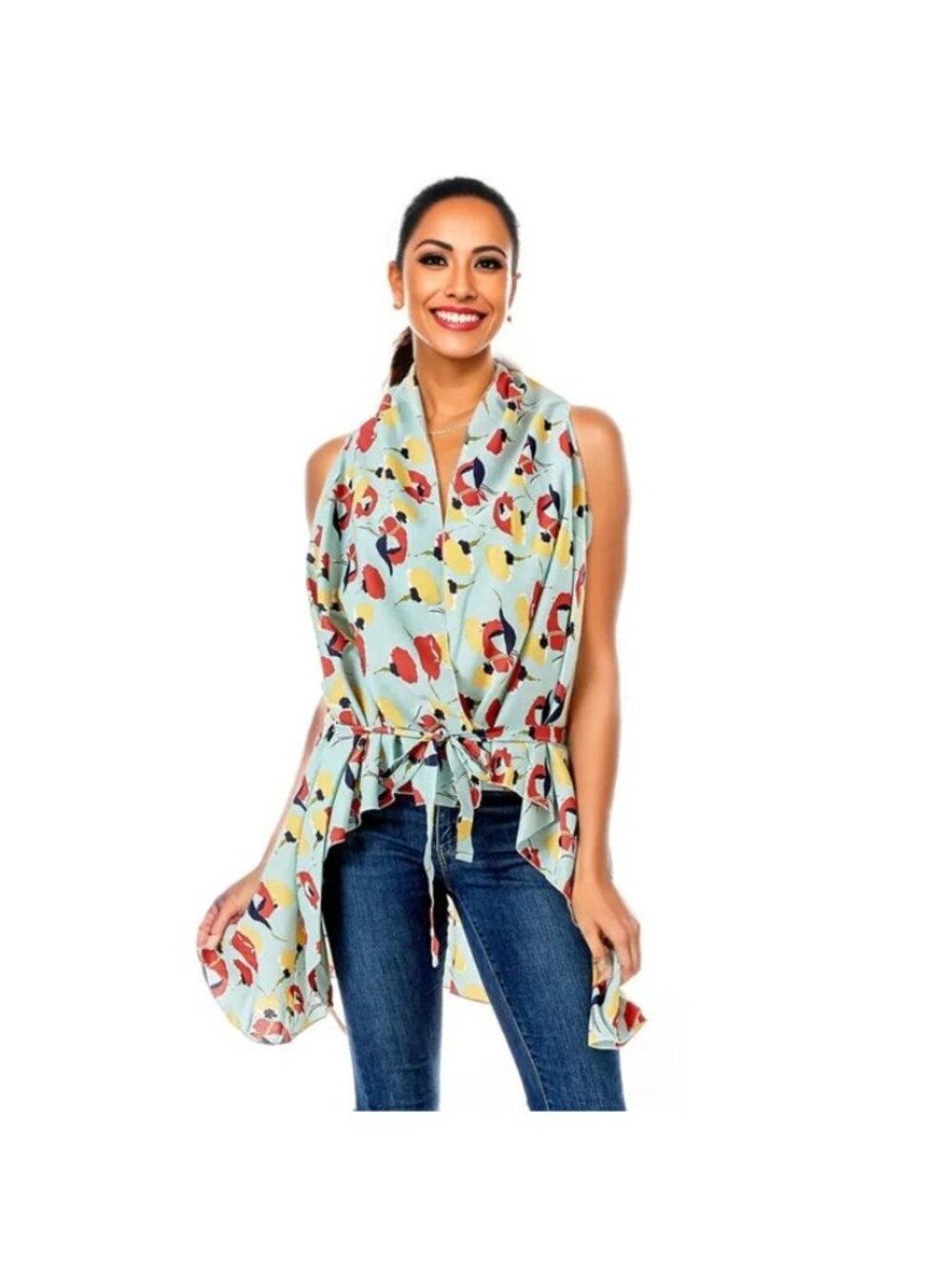 Mint Floral Vest High-Low Cover Up Tie Waist One Size Beach Cruise Vacation New